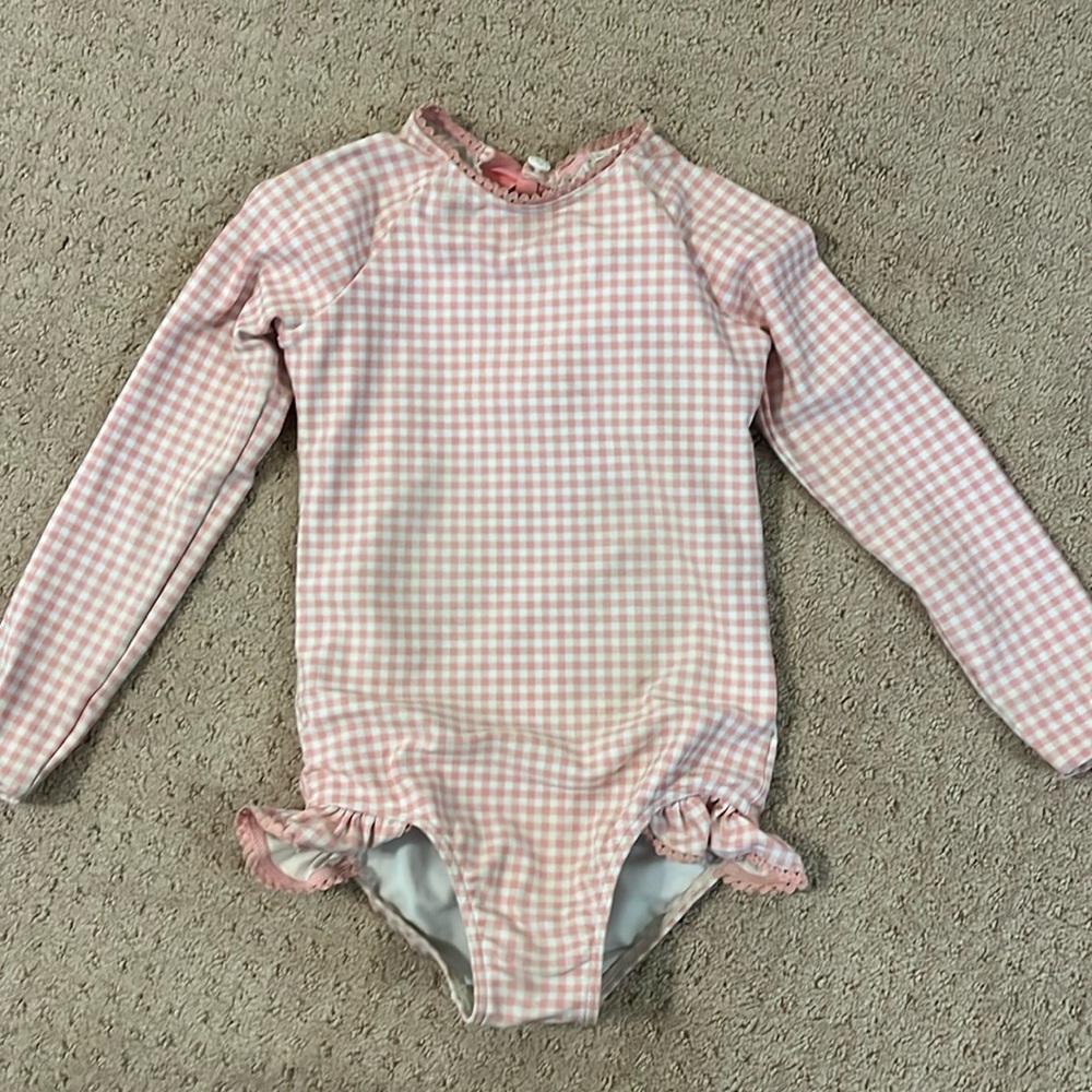 Minnow girls pink crinkle gingham rashguard one piece swimsuit 3T/4T